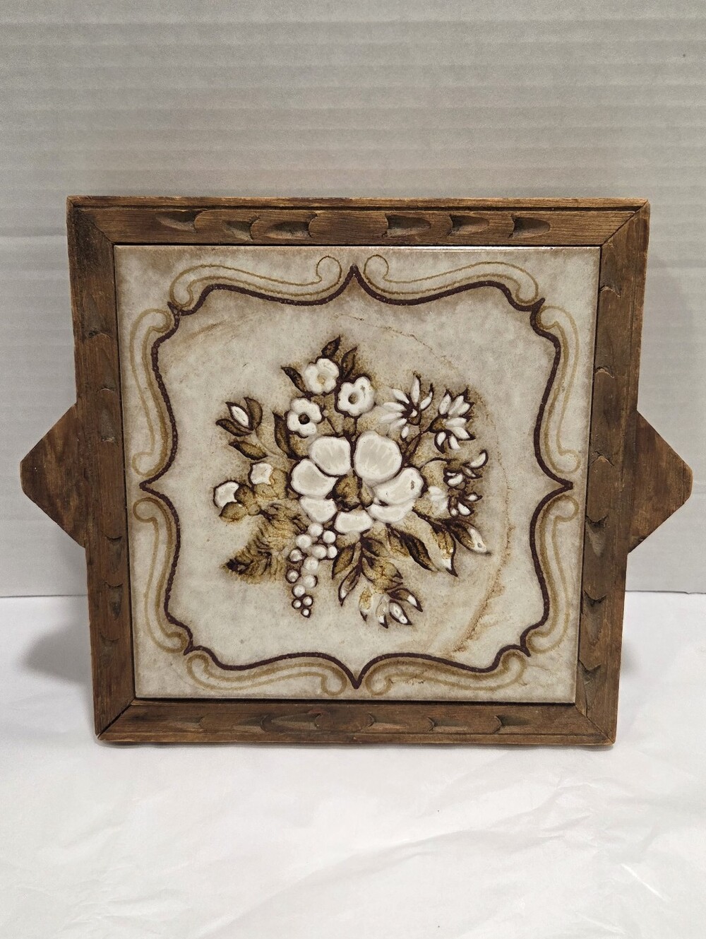 Vintage Italian Ceramic Tile MCM Trivet Carved Wooden Frame